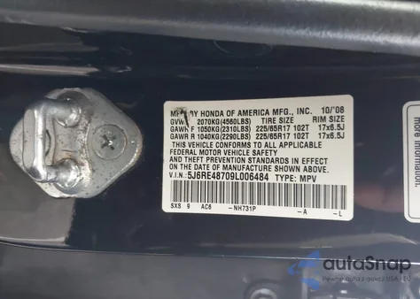 2009 Honda Cr-V Ex-L from USA, damaged, VIN 5J6RE48709L006484